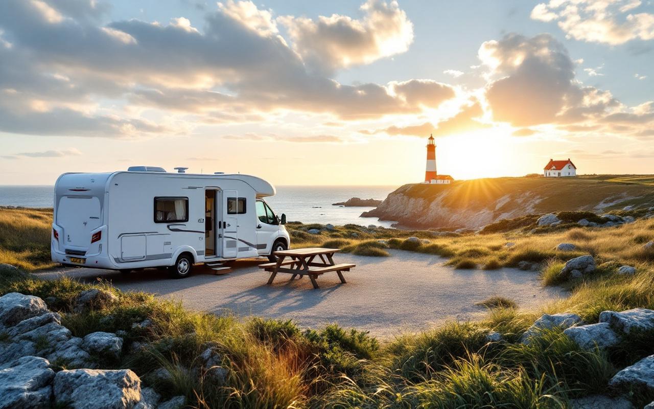 Vue réaliste d'un camping en bord de mer avec un mobil-home proche du phare de Ploumanac'h, rochers granitiques, herbes sauvages et une table de pique-nique au premier plan, coucher de soleil doré et lumière volumétrique chaude