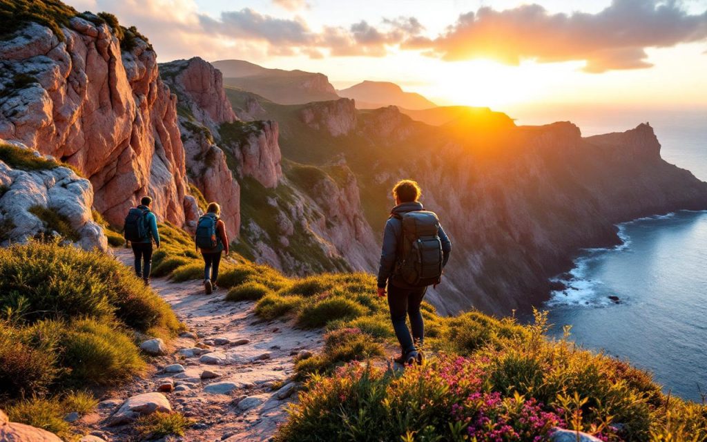 Deux randonneurs sur le sentier du GR34, surplombant une côte de granit rose avec la mer bleu profond et des landes vertes, baignés d'une lumière dorée de coucher de soleil.