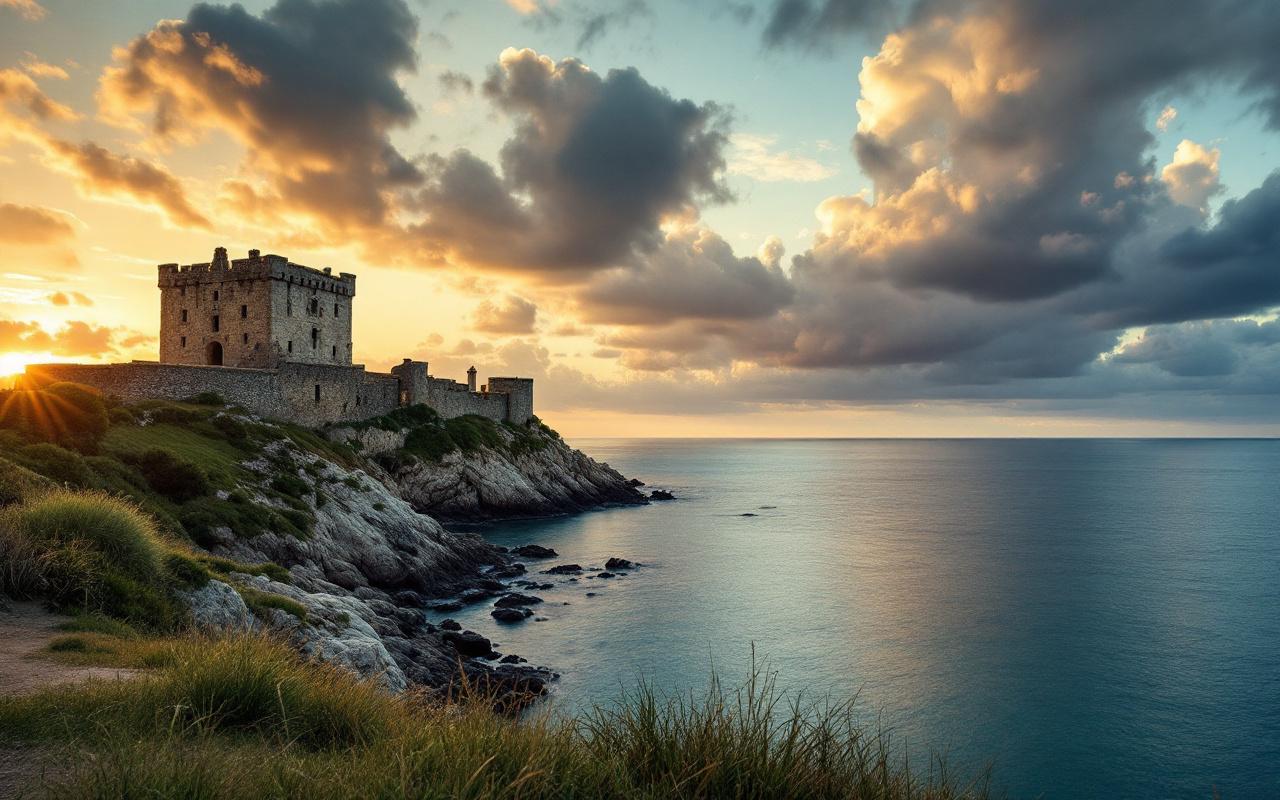Vue au coucher du soleil sur Mean Ruz avec le château de Costaères en arrière-plan, mer calme et réfléchissante, côte rocheuse et herbes sauvages, lumière chaude dorée et ciel aux nuances bleu profond et orange.