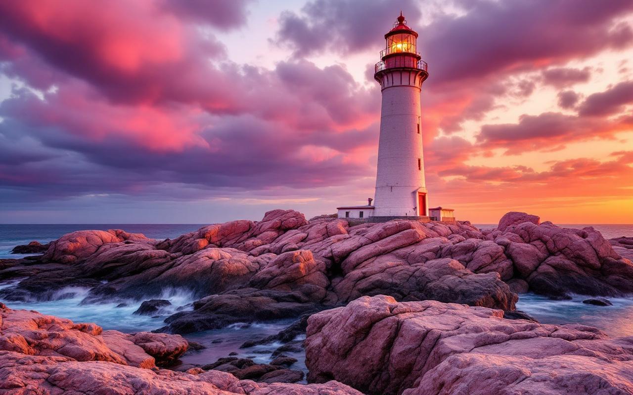 Phare en granite rose sur les rochers de Ploumanac'h au coucher du soleil, baigné d'une lumière dorée volumétrique, mer calme et ciel dramatique, textures de roche détaillées et ombres longues.