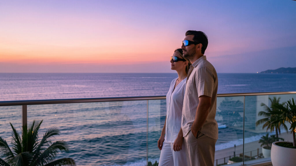 Un homme et une femme portant des lunettes d’éclipse observent l’horizon atlantique depuis la terrasse élégante d’un hôtel au crépuscule, sous un ciel réaliste d’août aux teintes violettes, corail et bleues.