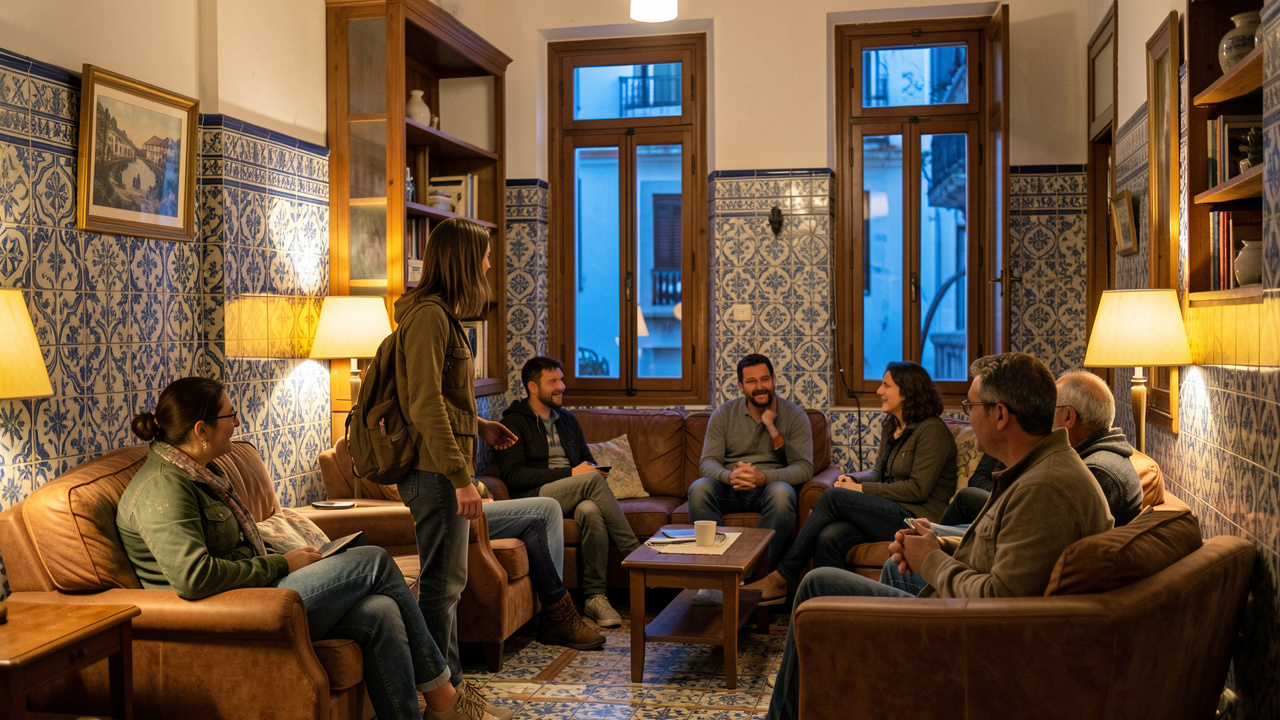 Une voyageuse seule arrive dans un salon chaleureux d’une maison d’hôtes à Lisbonne, où elle peut rencontrer d’autres voyageurs en soirée.