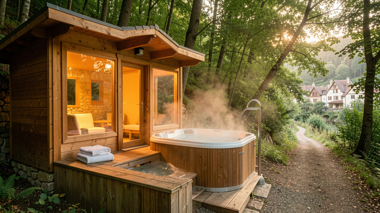 Cabane en bois confortable avec spa extérieur fumant, entourée de verdure près de Lyon, dans une ambiance chaleureuse et paisible.