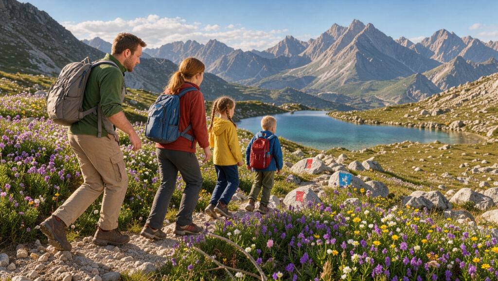 Une famille composée de deux adultes et de deux enfants marche sur un sentier alpin en été, avec un lac de montagne et de hauts sommets éclairés par la lumière du matin.