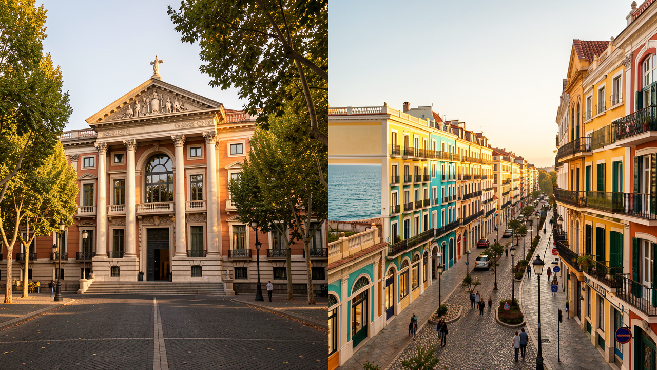Composition éditoriale partagée entre Madrid, avec un grand musée néoclassique, et Barcelone, avec des façades modernistes face à la mer Méditerranée dans la lumière dorée de fin d’après-midi.